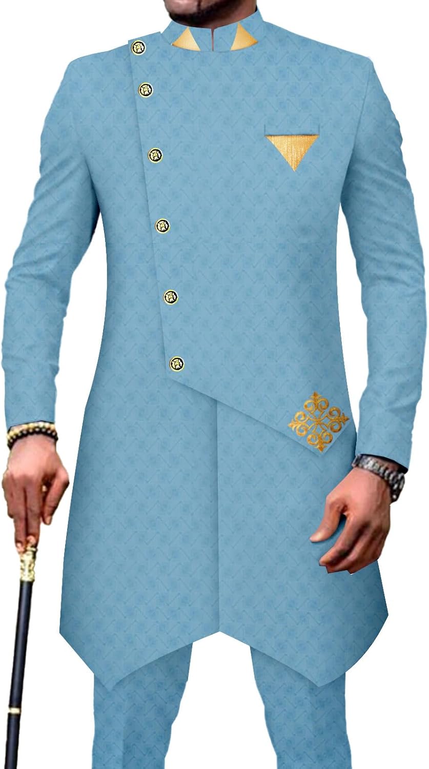 African Suits for Men Single Breasted Silm Fit Blazer and Pants 2 Piece Set Dashiki Attire for Wedding