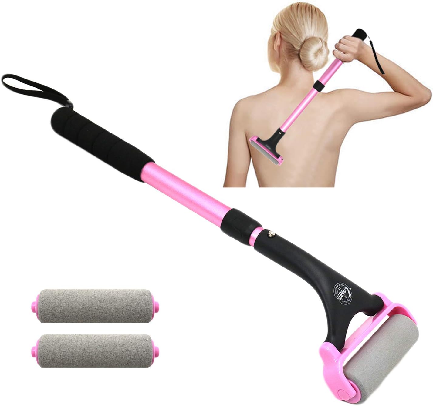 EASACE Lotion Applicator for Back & Body, Long Handle 21.5inch Adjustable Lotion Roller with 2 Replacement Roller for Back self(Pink)