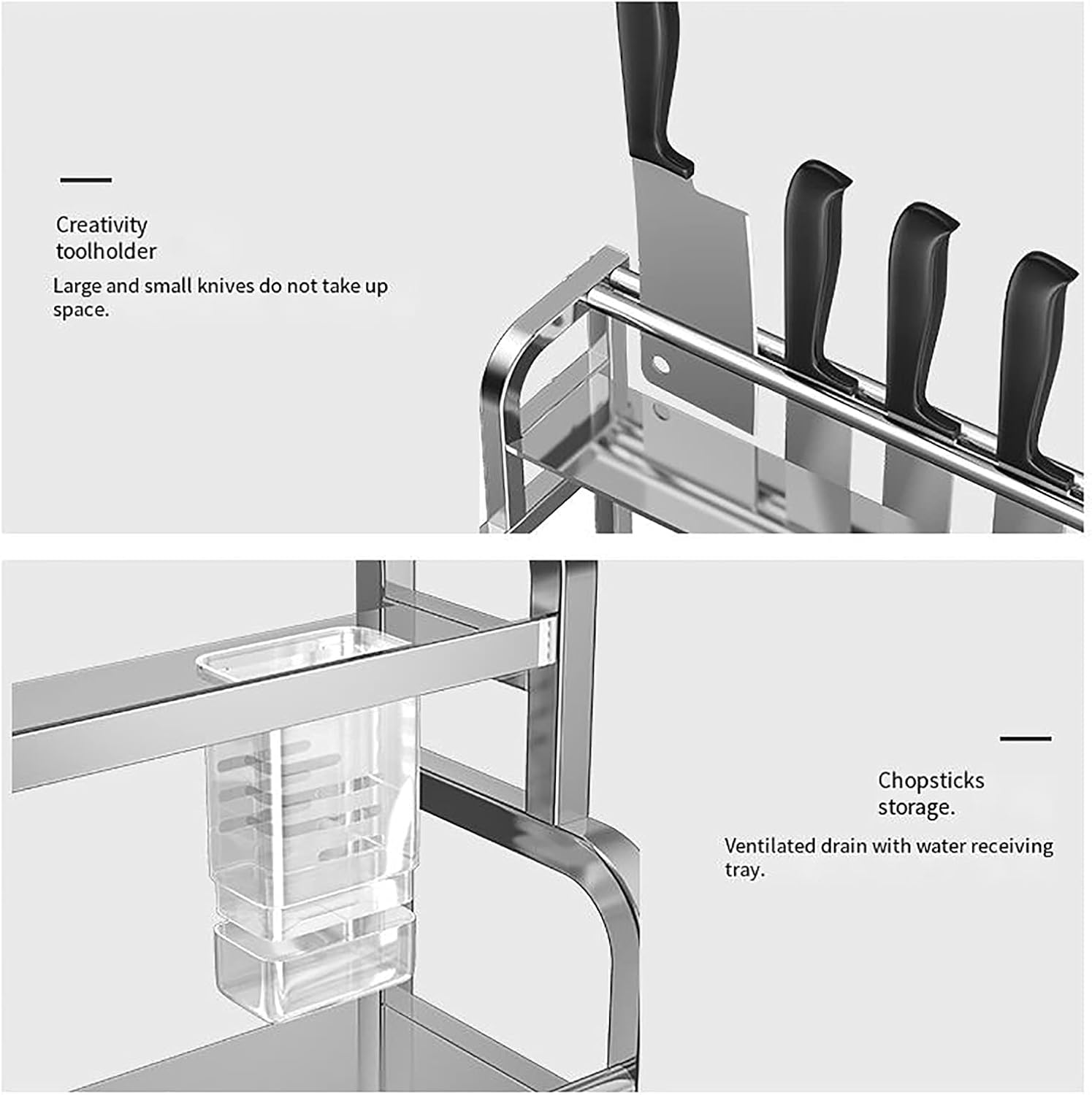 Kitchen Shelf Organizer Rack Kitchen Organizer, Stainless Steel Multi-Function Shelf, Chopsticks, Seasoning Knife Holder，Washable (Color : Metallic, Size : A50cm)