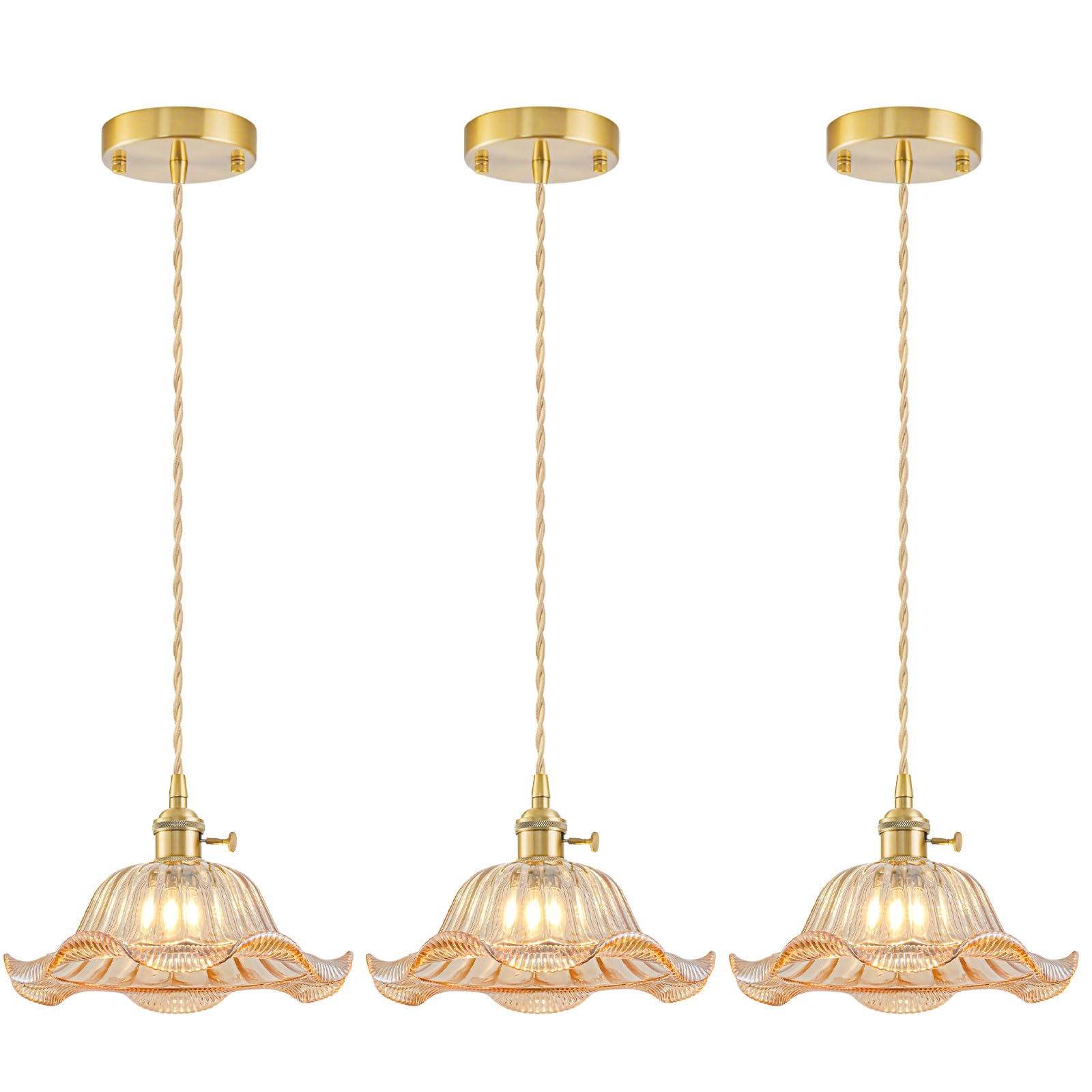 Vintage Pendant Lights Kitchen Island 3 Pack, Adjustable Pendant Light Fixtures with Amber Lily Glass Lampshade, Gold Kitchen Pendant Lighting Over