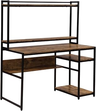 Computer Desk Home Office Computer Desk with 2-Tier Bookshelf and Open Storage Shelf/Equipped with Removable Monitor RiserBrown Study Desk with Storage