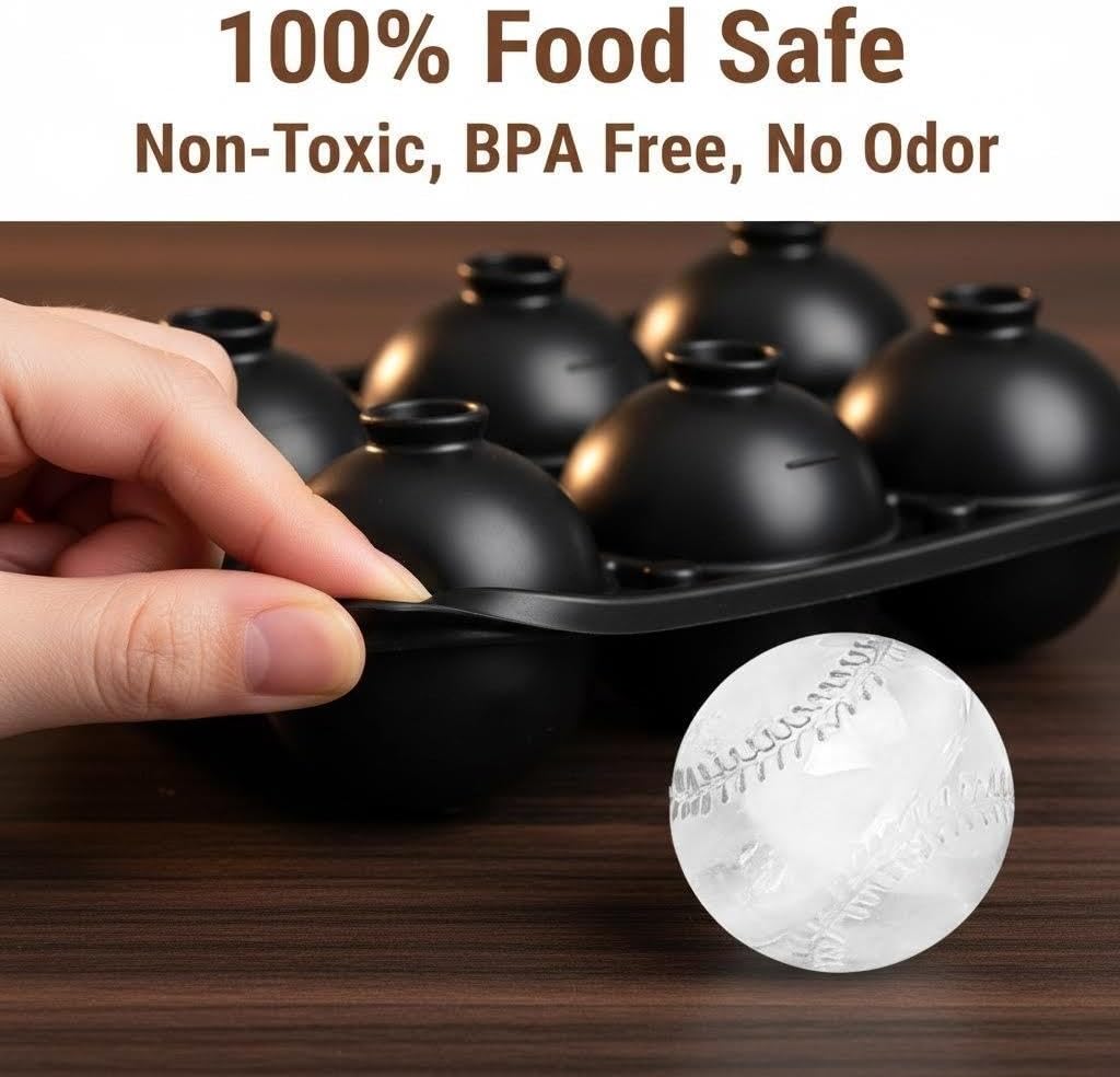 2 Pack Baseball Ice Cube Molds, 6-Cavity 2.2 Inch Large Silicone Sphere Ice Ball Tray for Whiskey, Cocktails, Bourbon, Brandy - Fun Whiskey Ice Molds, Novelty Gifts for Men