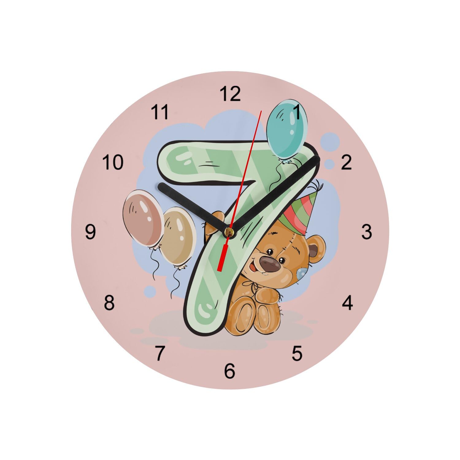 Horloge murale en verre de 20 cm rose avec ourson pour apprendre l'heure