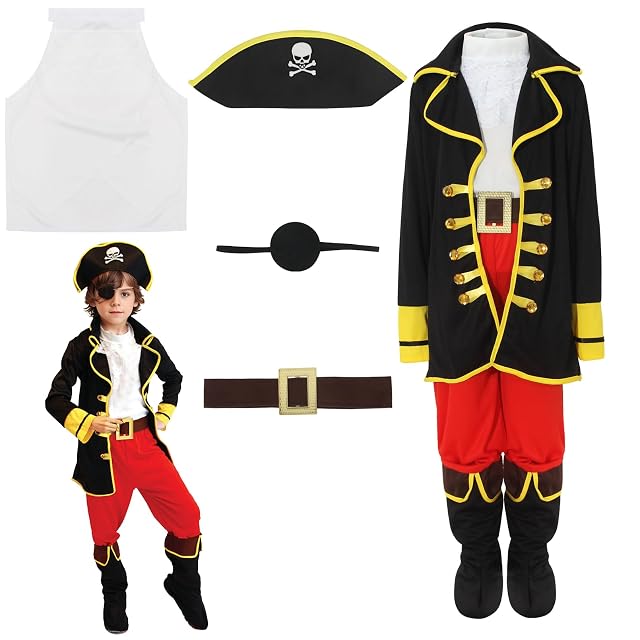 Foto 3 de 6 de Cloudkids Disfraz de Capitán Pirata para Niños (L 7-9 años) Disfraz de Halloween Cosplay Traje de Pirata…