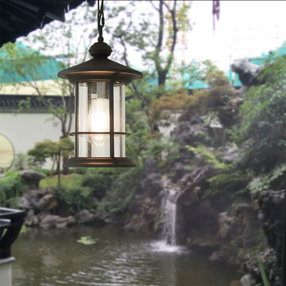 WEYIMVTO Outdoor Pendant Lights, 1-Light Outdoor Chandelier Lamp in Black Finish with Seeded Glass