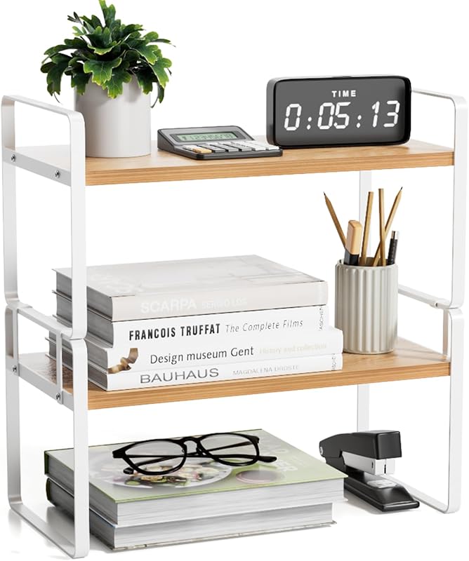 YGYQZ Desk Shelf Organizer, 2-Tier Desktop Bookshelf, White & Wood | Detachable Design, 2-Tier Storage, Multi-Use Desktop Shelf, Compact Organization, Ideal for Office, Dorm & Home