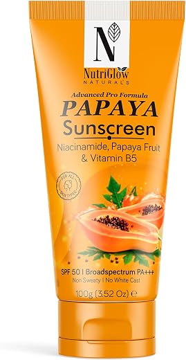 NutriGlow Naturals Papaya Sunscreen SPF 50 PA+++ | No White Cast, Non-Greasy | Broad Spectrum UVA/UVB &amp; Blue Light Protect...