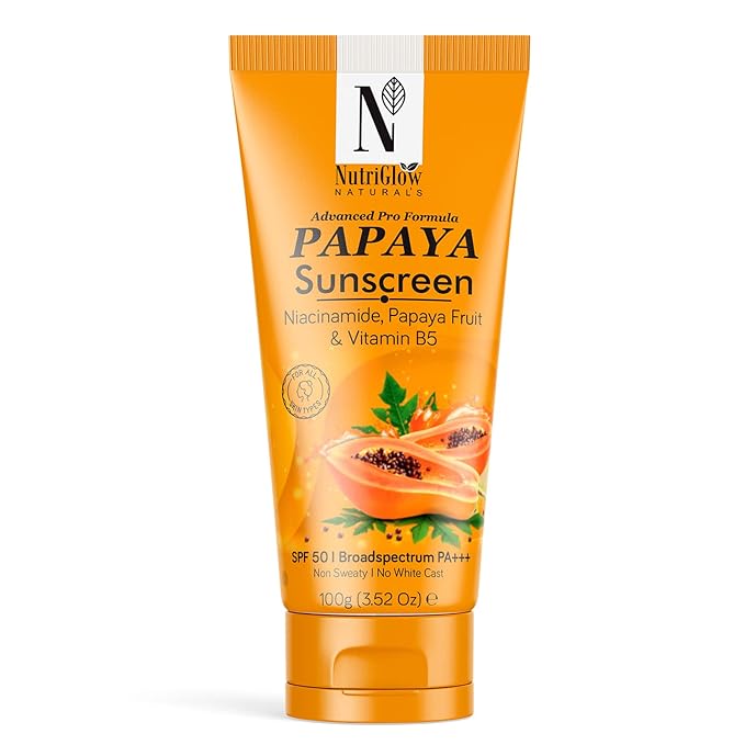 NutriGlow NATURAL'S Advanced Pro Formula Papaya Sunscreen SPF 50, PA+++ No White Cast, Non-Greasy, with Broad Spectrum, UV A & UV B Blue Light Protection, for Men & Women Suitable for Oily, Dry, Sensitive & Combination Skin (100 g)