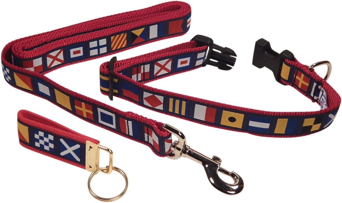 Preston Ribbons Dog Collar and Leash Set, Nautical Code Flag, Medium and Large Dogs, Free Matching Key Ring (X-Large, 1 1/4 Inch Width)
