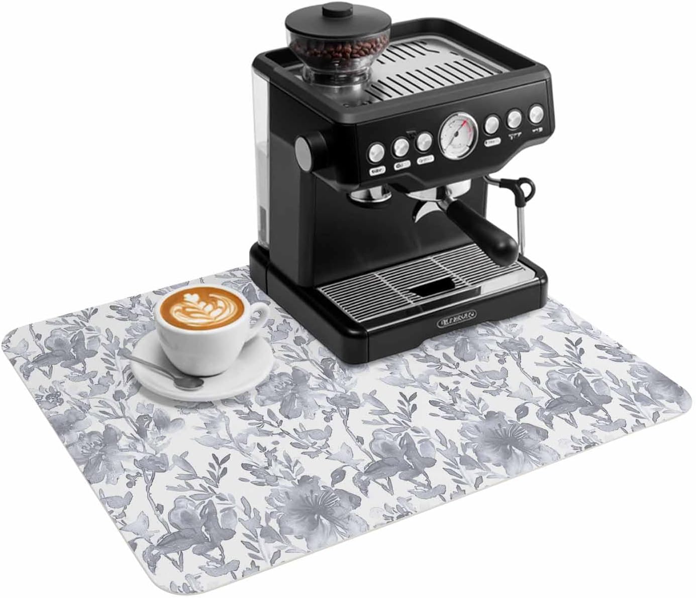 Coffee Mat Watercolor Flower Dish Drying Mat for Kitchen Counter Gray Floral Plant Coffee Bar Mat for Coffee Maker and Espresso Machine, Coffee Station Accessories 18x24in