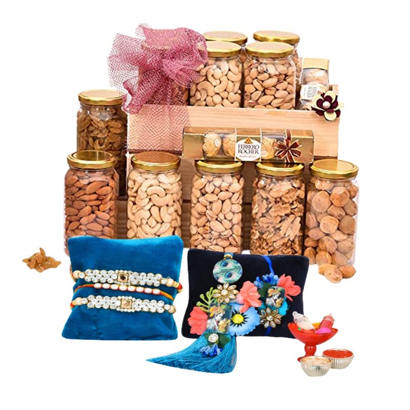 NUTRI MIRACLE Rakhi Dry Fruit & Nut Gifts I Blue Bhai Bhabhi Pair I Kids Whistle N Cz Stone Rakhi I Pearl Dora I Tilak Kit I Ferrero Rocher I 1.25kg