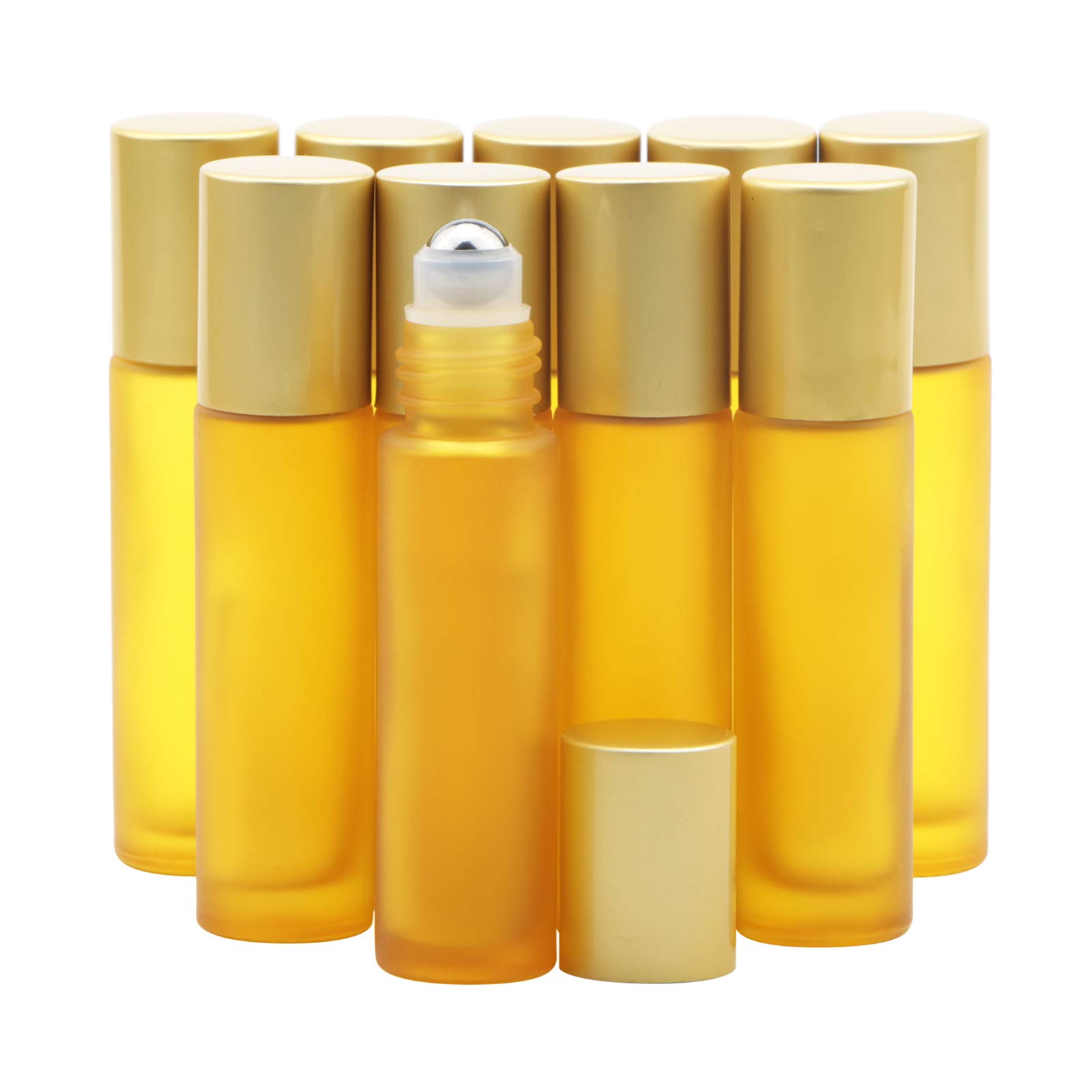 Rowiz Yellow 10Pcs 10Ml Frosted Glass Bottle Leakproof Glass Bottle Essential Oil Roller Bottles Set With Stainless Steel Balls And Anodized Aluminum Screwcap For Perfume & Aromatherapy Oils