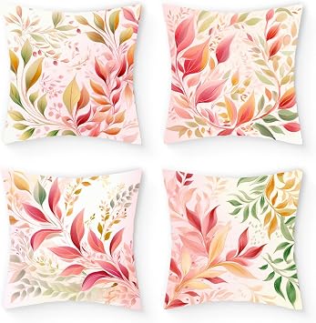 Umootek 4pcs Boho Pink Leaves Throw Pillow Covers, Bohemian Decorative Cushions Pillowcase for Couch Sofa Bed Chair Home Farmerhouse Decorations, 18x18 Inch, Short Plush