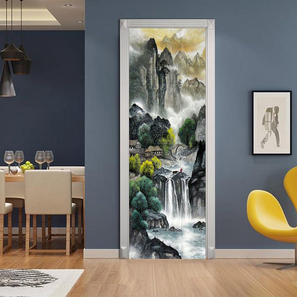 Nustila Door Sticker - Door Mural Peel and Stick, Removable Self-Adhesive Landscape Painting Print Ancient Asian Art Door Wallpaper for Home Decor,
