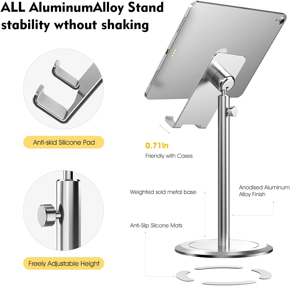 licheers Tablet Stand Holder, iPad Stand for Desk, iPad Holder Adjustable Height, Cell Phone Stand Mount Compatible with iPad Mini Air Pro, iPhone 14/13/12/11 Pro Max, Samsung Galaxy, Kindle (Silver)