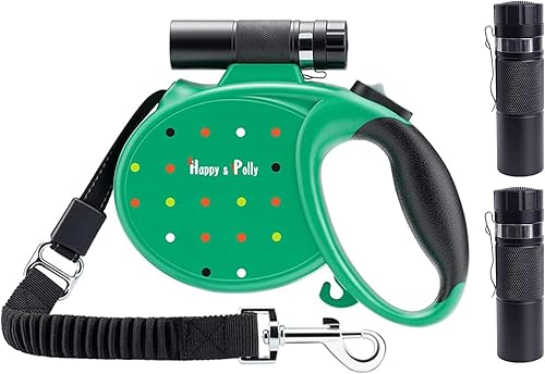 Happy & Polly Correa retráctil para perro con linterna, correa elástica protectora, gancho conveniente, línea de pesca reflectante de 16.4 pies,
