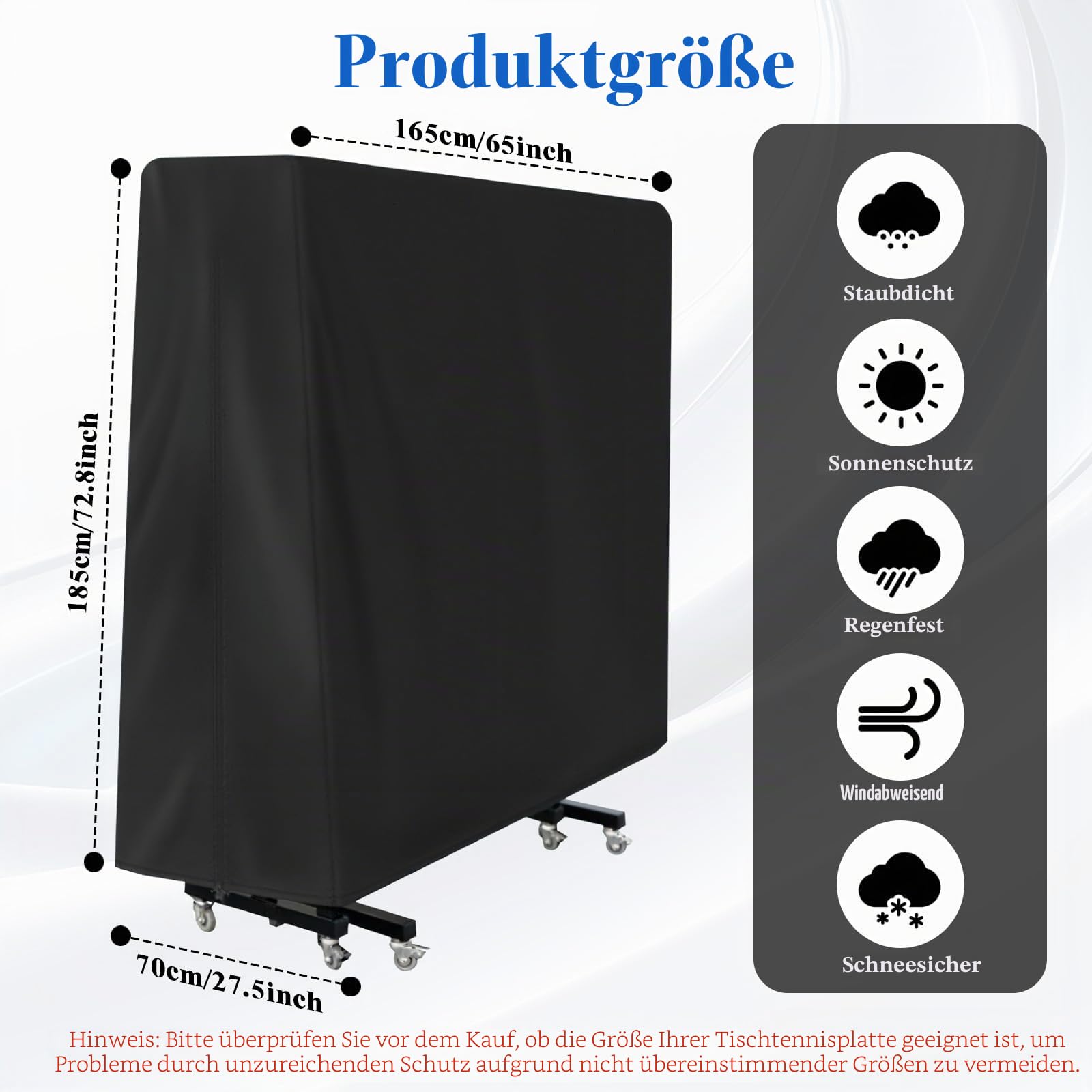 165×70×185cm Tischtennisplatte Abdeckung, Oxford Abdeckung Tischtennisplatte Outdoor, Wasserdichte Tischtennis Abdeckungs Outdoor, Reißfest, für Outdoors und Indoor, Schwarz