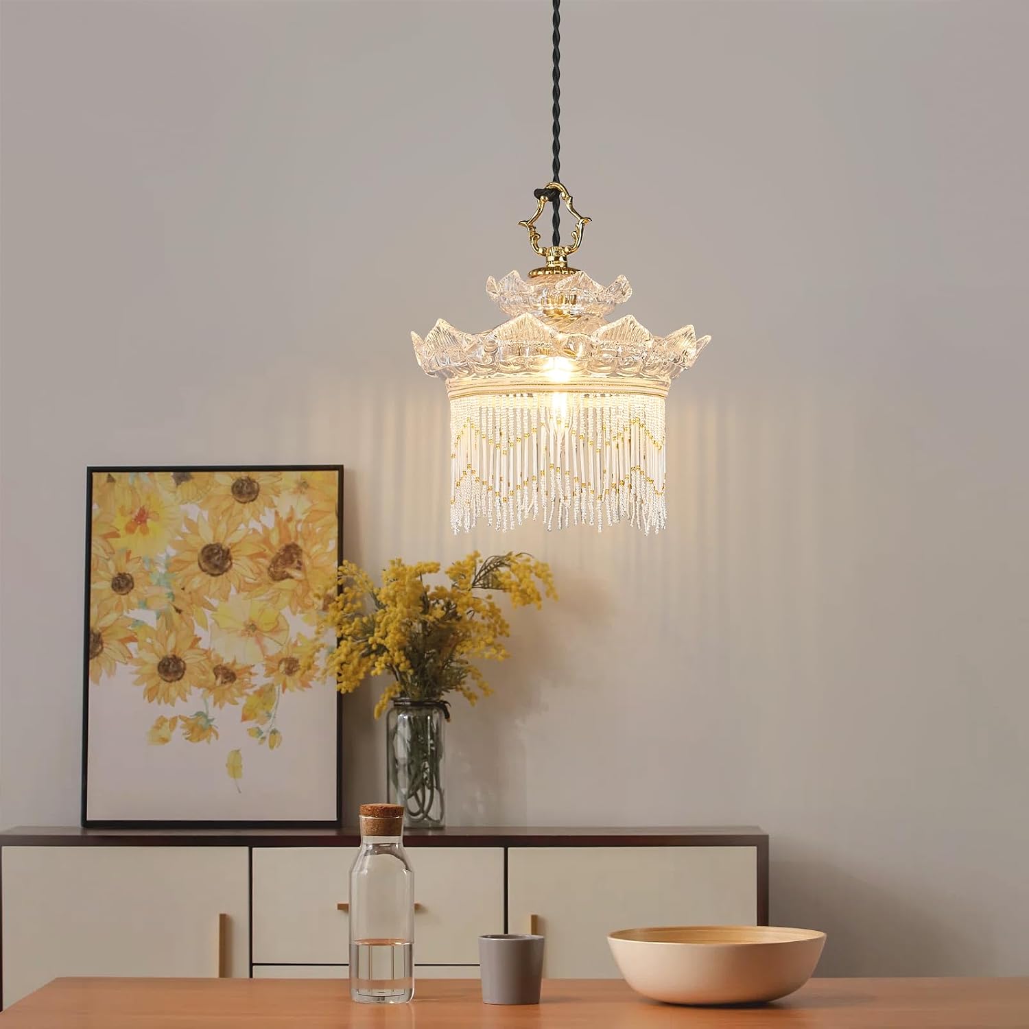 Brass Vintage Glass Pendant Light Clear Glass Tassel Chandelier,Adjustable Height Pendant Lights for Dining Room Kitchen Island Bedroom Hallway