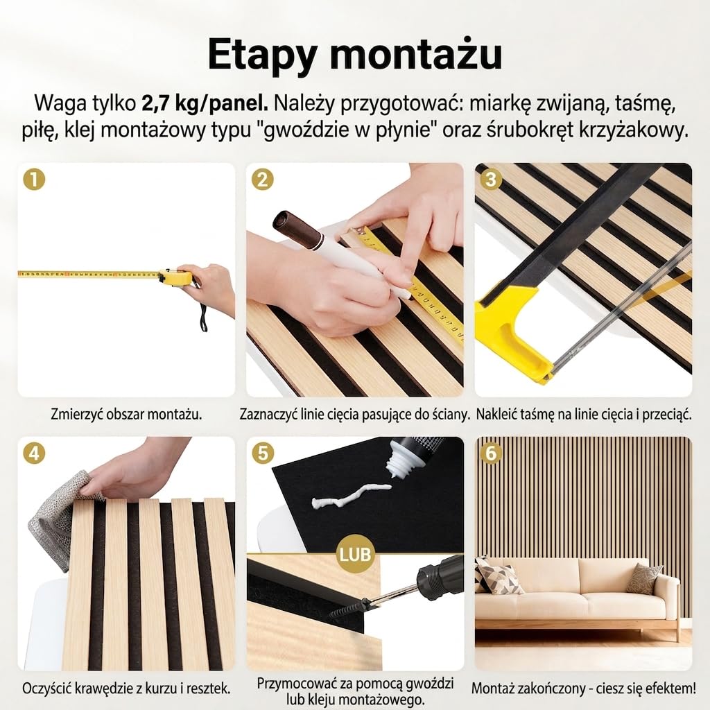 TONOR Drewniane panele akustyczne, 6 sztuk, 240 x 20 cm -2,88 m², panele ścienne, drewniane panele ścienne, jako płyty wygłuszające, dekoracja ścienna z drewnianych lameli, izolacja akustyczna, do