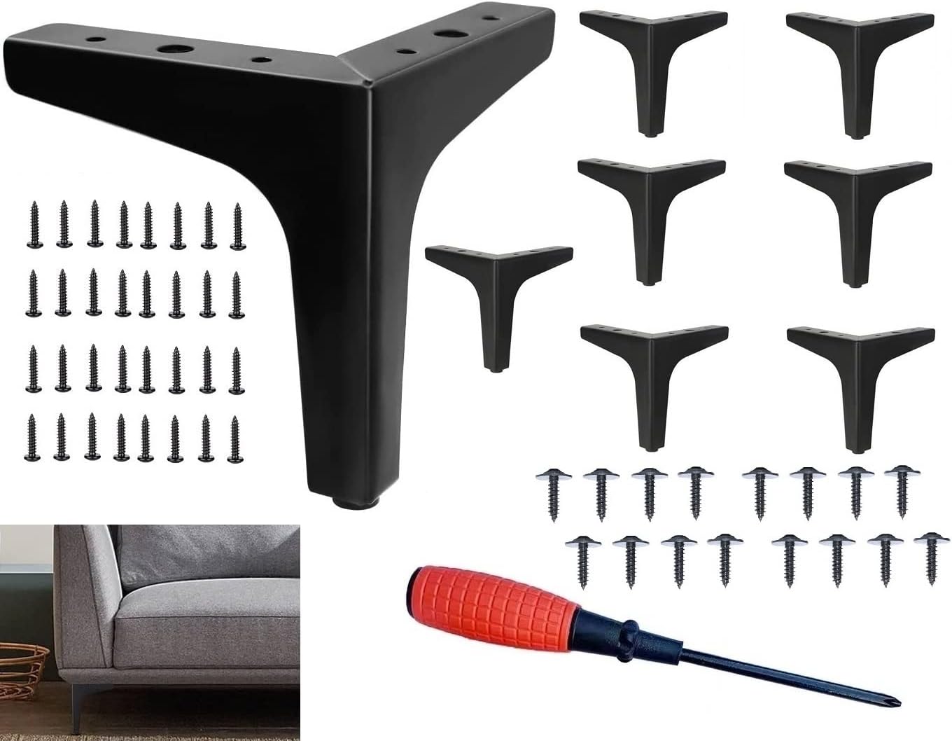 8Pcs metal support furniture legs, suitable for cabinets, sofas, chairs, king beds, sofas, tables, furniture cabinets, replacement furniture feet (17cm/ 6.7in) Black