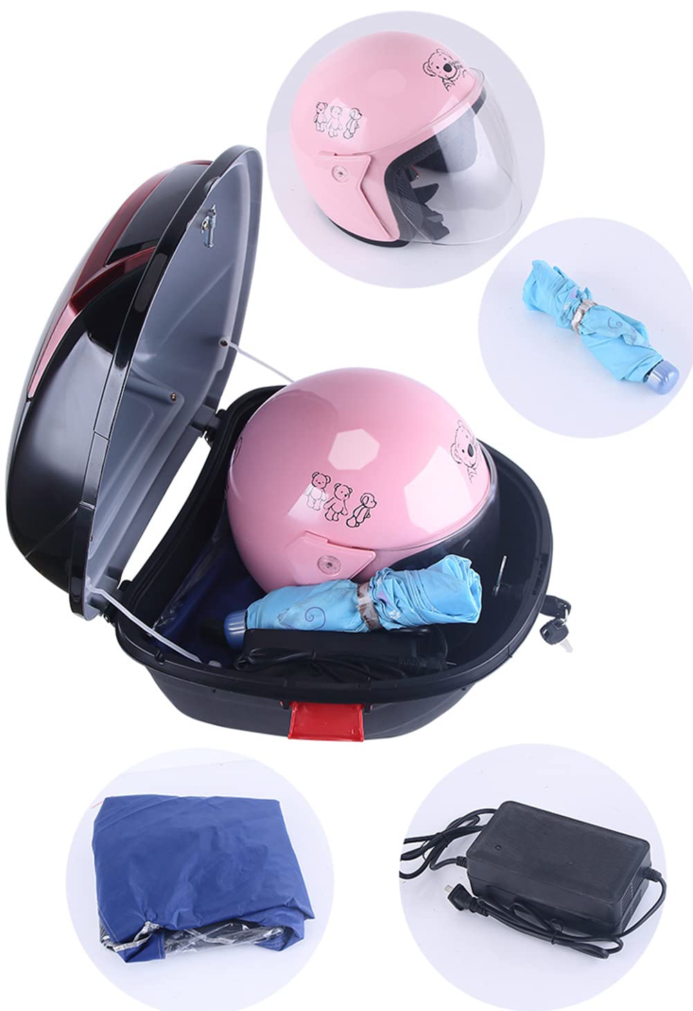 Baul Portacascos para Motos, Baúl Universal Moto Tour Tail Box Top, Baúl para Scooter con 2 Llaves,Azul,37x41x27cm