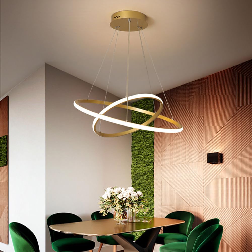 Lámpara Colgante LED, Moderna Colgante de Techo Altura Regulable 2 anillos Comedor Lamparas de Techo realizado Araña para Dormitorio salones Cocina Oficina mesa de comedor redondo Creativo (Dorado)