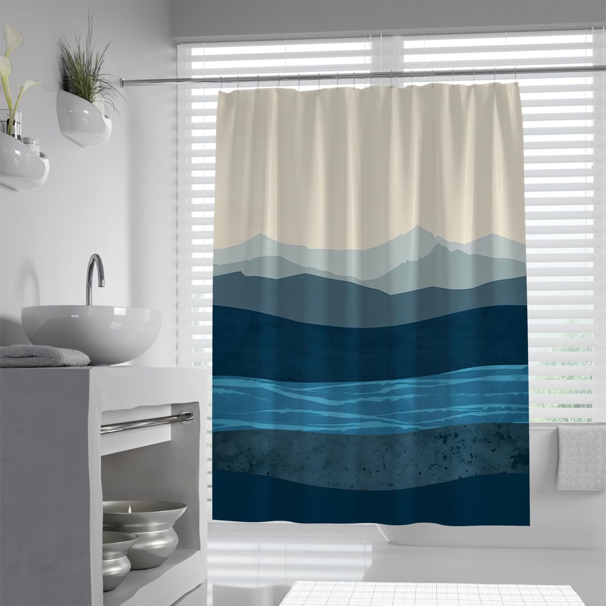 UIRINGART Landscape Shower Curtain W120xL200cm Navy Mountain Gradient Sea Art Easy to care Mildew Resistant Polyester Fabric Lightweight Bathroom Bathtub Curtains