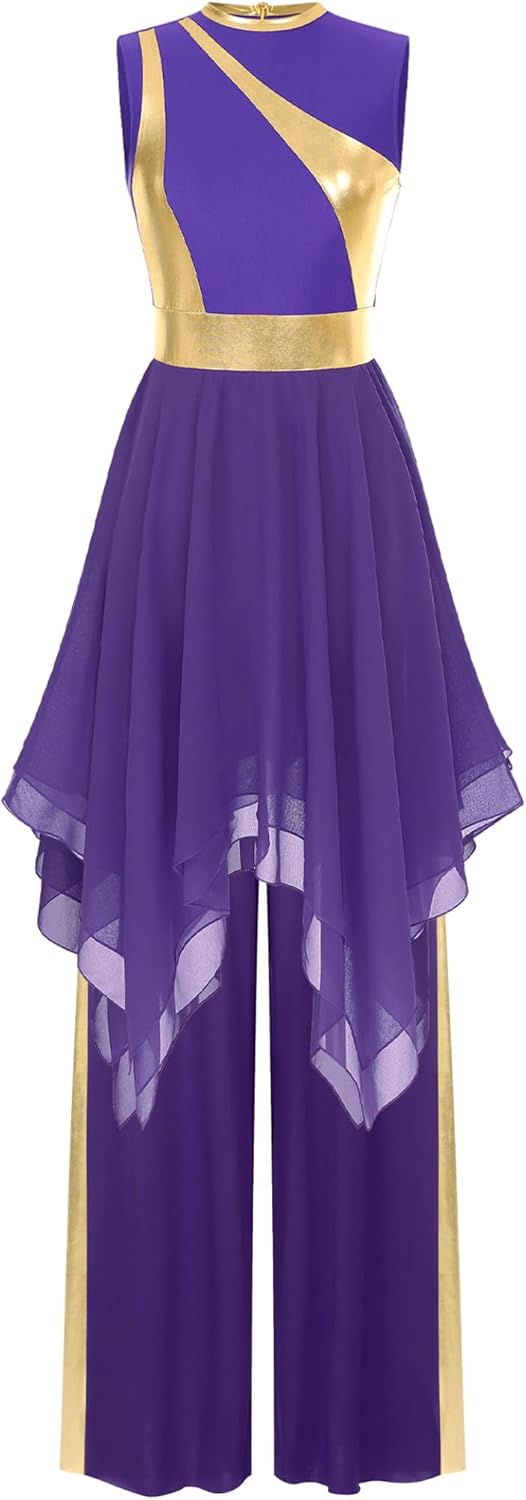 Women's Praise Dance Overlays Dress Tunic Metallic Color Block Sleeveless Irregular Hem Dress with Wide-Leg Pants