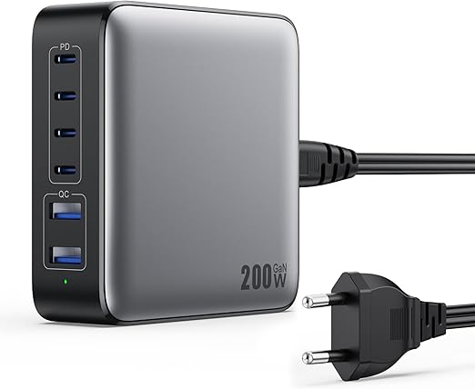 200W Caricatore USB C Multiplo, 6 Porte GaN III Alimentatore USB C PPS PD QC 65W Laptop Caricabatterie Ricarica Rapido Compatibile con MacBook Pro/Air, iPad, iPhone 16/15, Samsung,Steam Deck,Dell XPS