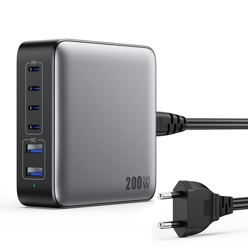 200W Caricatore USB C Multiplo, 6 Porte GaN III Alimentatore USB C PPS PD QC 65W Laptop Caricabatterie Ricarica Rapido Compatibile con MacBook Pro/Air, iPad, iPhone 16/15, Samsung,Steam Deck,Dell XPS
