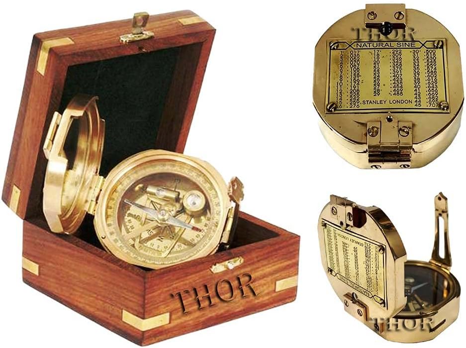 Brass Natural Sine Compass with Wood Box Magnetic Direction Hiking Maritime Nautical Gift Rustic Vintage Home Decor Gifts