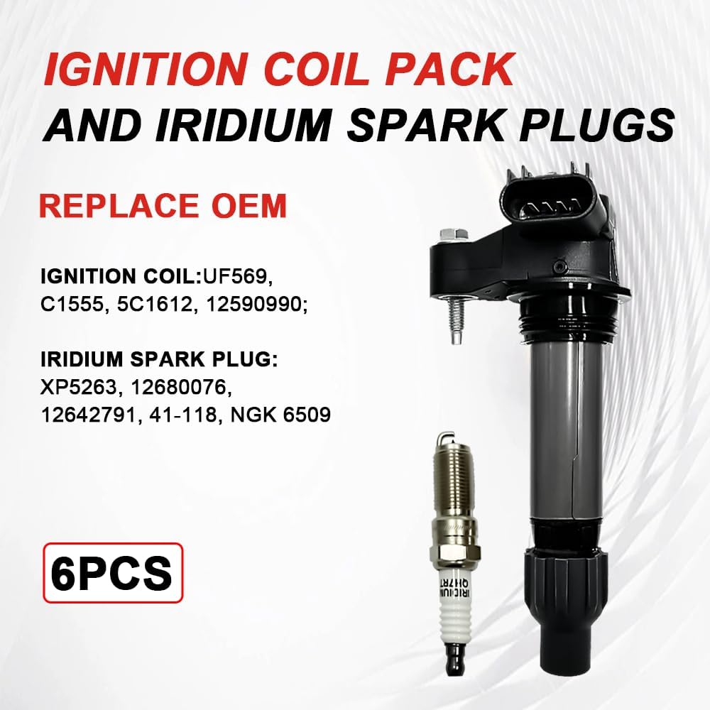 UF569 Ignition Coil Pack and 6509 Iridium Spark Plugs Compatible with Chevy Equinox Camaro Colorado Malibu, Buick Enclave LaCrosse, Cadillac ATS CTS SRX STS, GMC Acadia Terrain