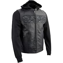 MLM3563 Men's Leather Vest w/Removeable Hoodie - Black 2 in 1 Reflective Skulls Motorcycle Vest