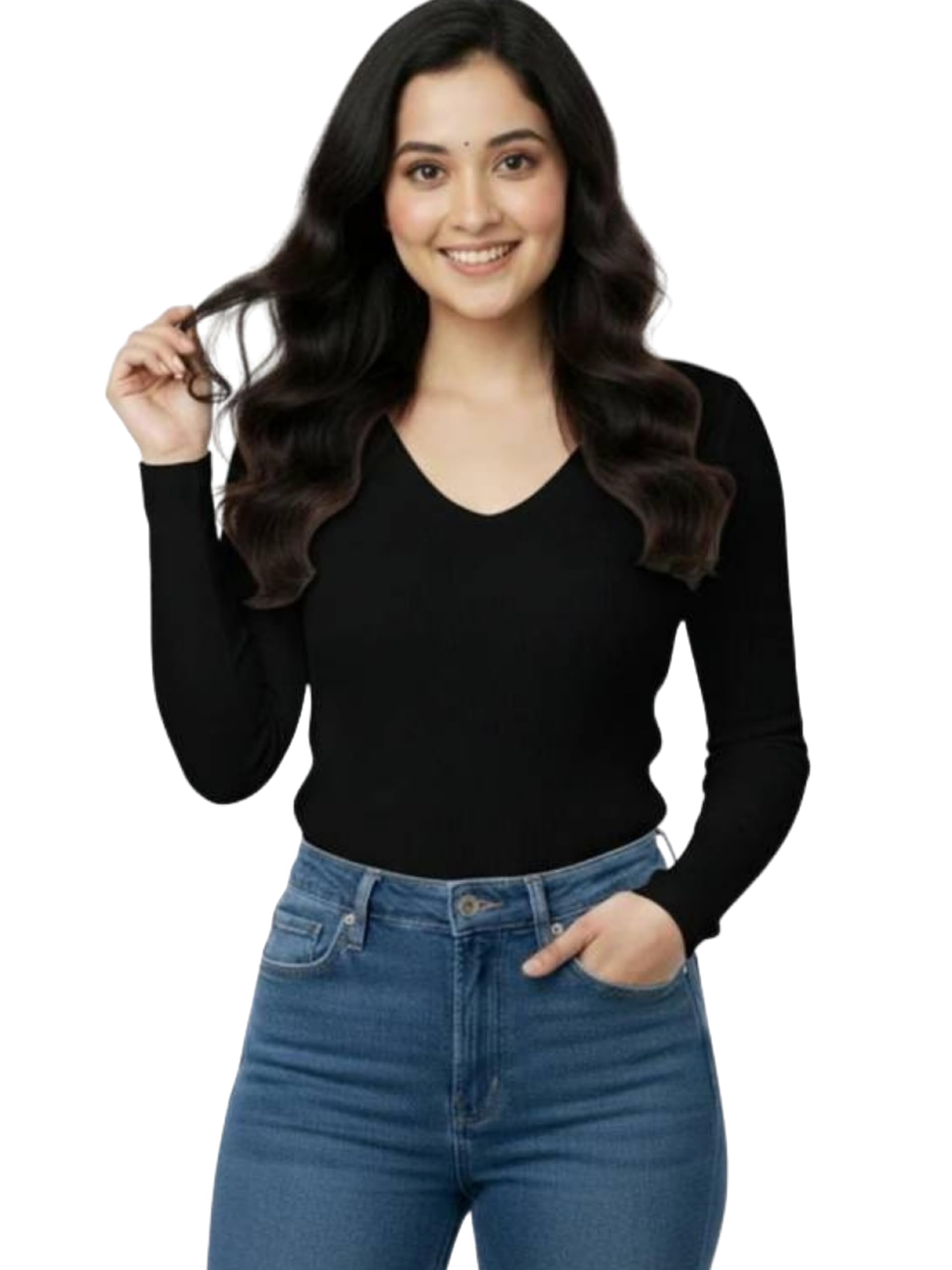 GLOWSTITCH™ Women’s V Neck Ribbed Full Sleeve Top for Women Stylish Fitted Ribbed Top for Jeans | Western Casual Office Tops for Women Stylish Top for Girls-picture-52