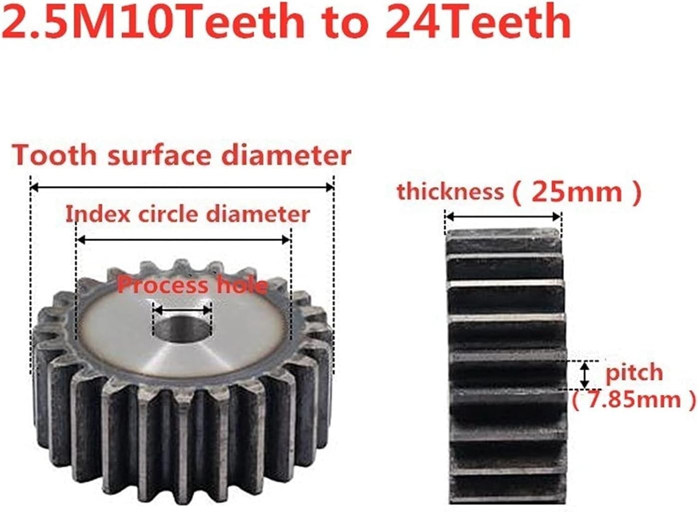 Spur Gear 2.5Mod 10-24 Teeth 45 Steel Tooth Surface Hardened 25mm 20 Degree(24 Teeth)