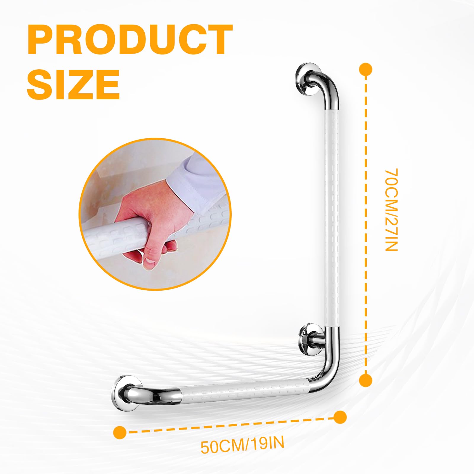Barre d'appui de douche - En acier inoxydable - 70 x 50 cm - Poignées en forme de L - Angle vertical - Rails de sécurité - Main courante d'angle murale antidérapante - Pour personnes âgées, handicap