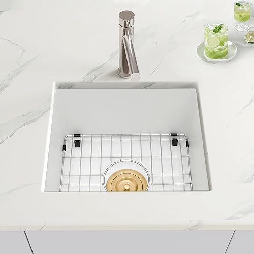 Miniatura 8 de Fregadero de barra blanco para montaje inferior, fregadero de barra compuesto pequeño de 16 x 18 pulgadas, fregadero de granito para cocina y bar