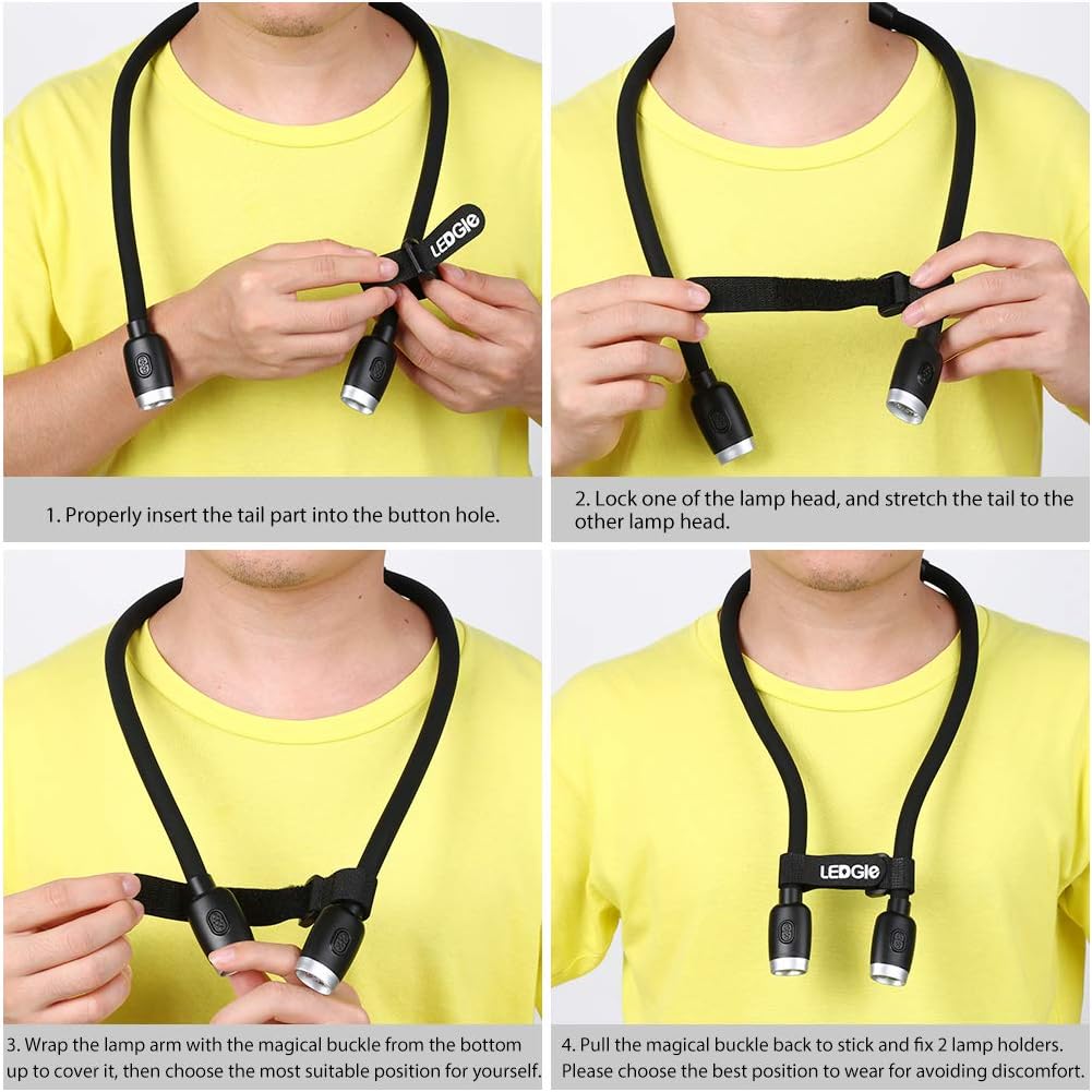 LEDGLE Updated Neck Light for Reading Books in Bed, LED Neck Lamp for Knitting with 1600K 3500K 6000KLighting + Flexible Comfortable Soft Silicone Arms, Perfect for Craft, Knitting, Repairing (Black)