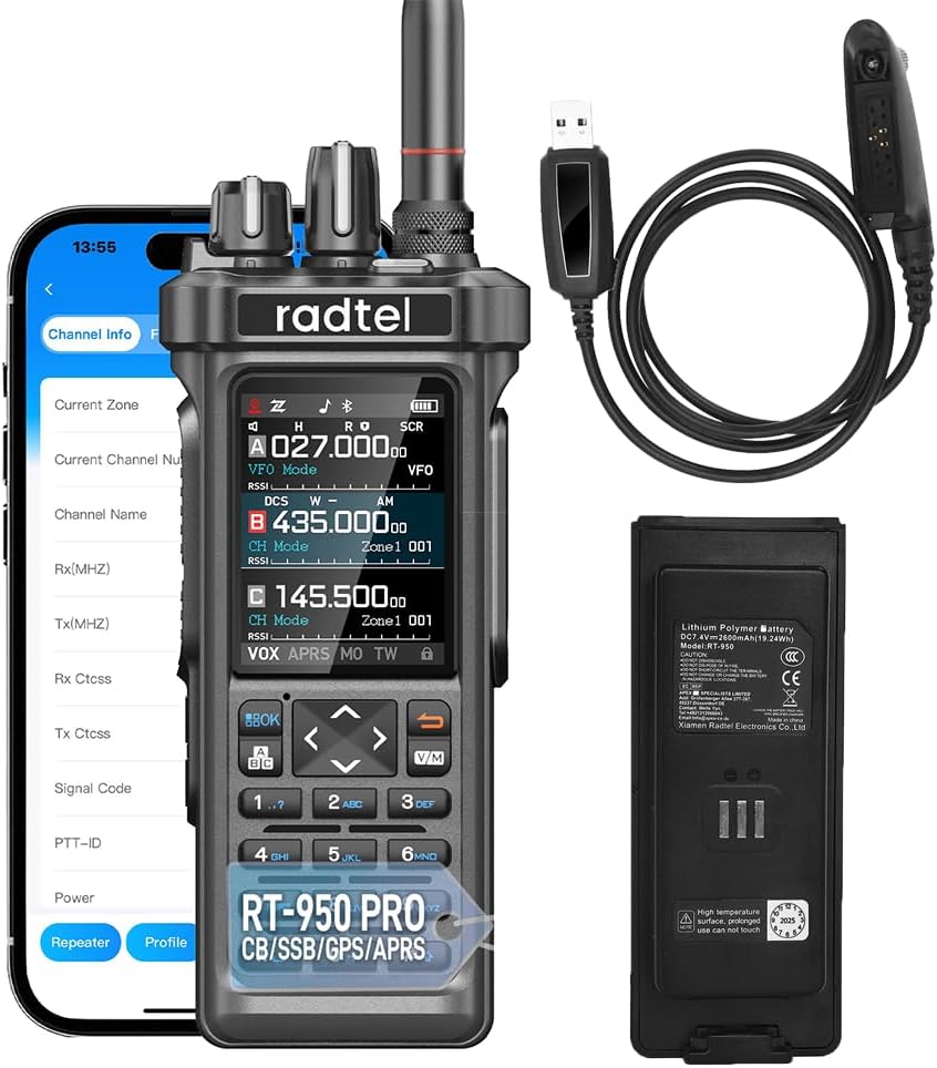 Radtel RT-950 PRO Ham Radio GPS/APRS, 10W Walkie Talkie Long Range Handheld Two Way Radio, AM/FM/CB/SW/MW/LW Reception, Bluetooth APP Programming (with Programming Cable Extra Battery)