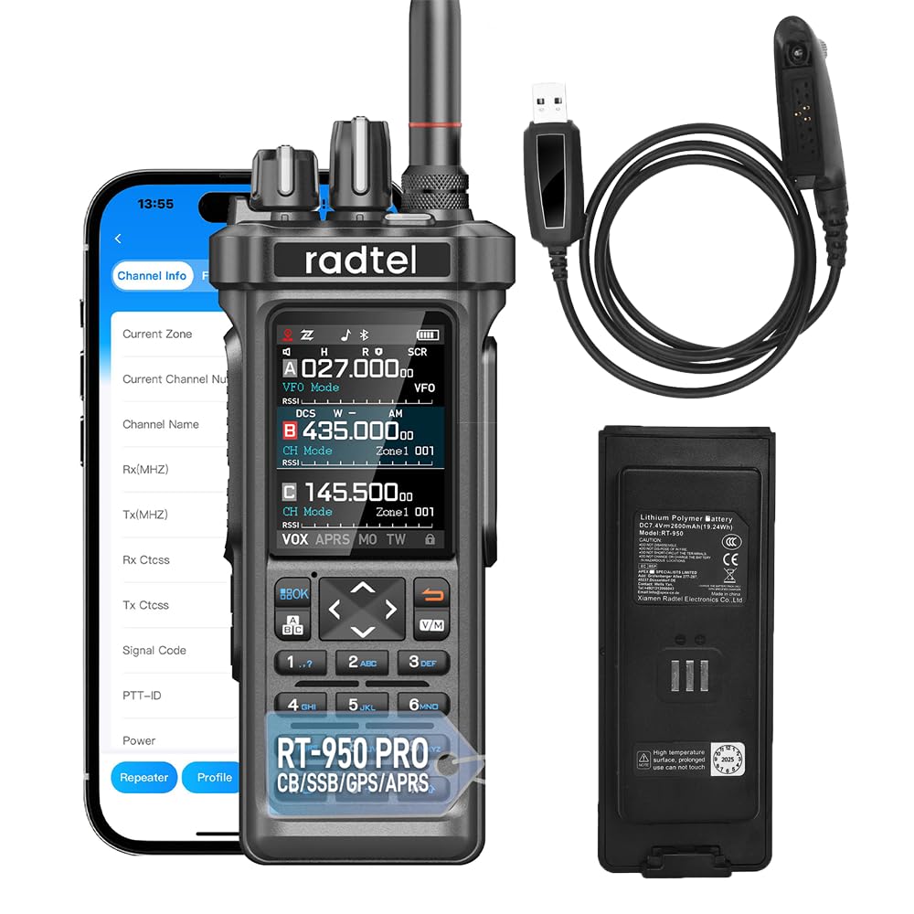 Radioaficionado Radtel RT-950 Pro GPS/APRS, walkie-Talkie portátil de Largo Alcance de 10 W, programación por aplicación Bluetooth (con Cable de programación y batería Adicional)