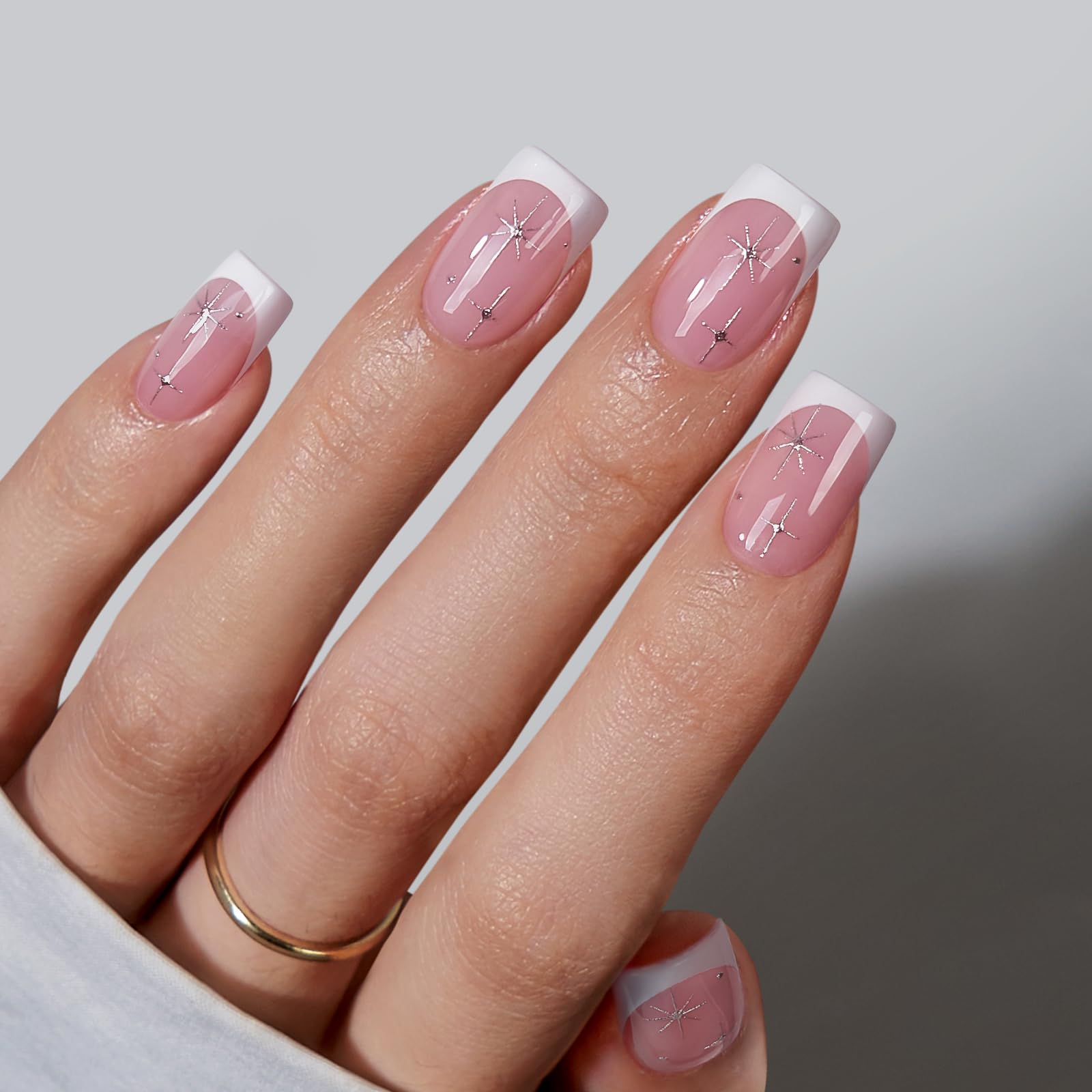 BTArtboxFrench Tip Press On Nails Short Press On Nails with Stars,  Natural Soft Gel Glue On Nails with Nail Glue, Reusable Stick On Nails in 16