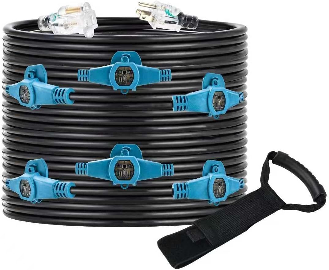 25FT 16 Gauge Multi Outlet Outdoor Power Extension Cord, Multiple Evenly Spaced 7 Outlet, Blue LED Indicators, for Stage Backlines, Landscaping Light, Party and Christmas Decoration
