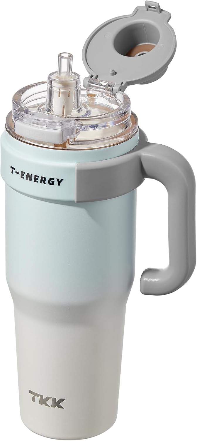 TKK 40 oz Tumblers with Handle and Straw, Ceramic Coating Insulated Bottle 100% Leakproof Travel Mug for Water, Iced Tea or Coffee, Smoothie, Cup Holder Friendly Base, BlueWhite