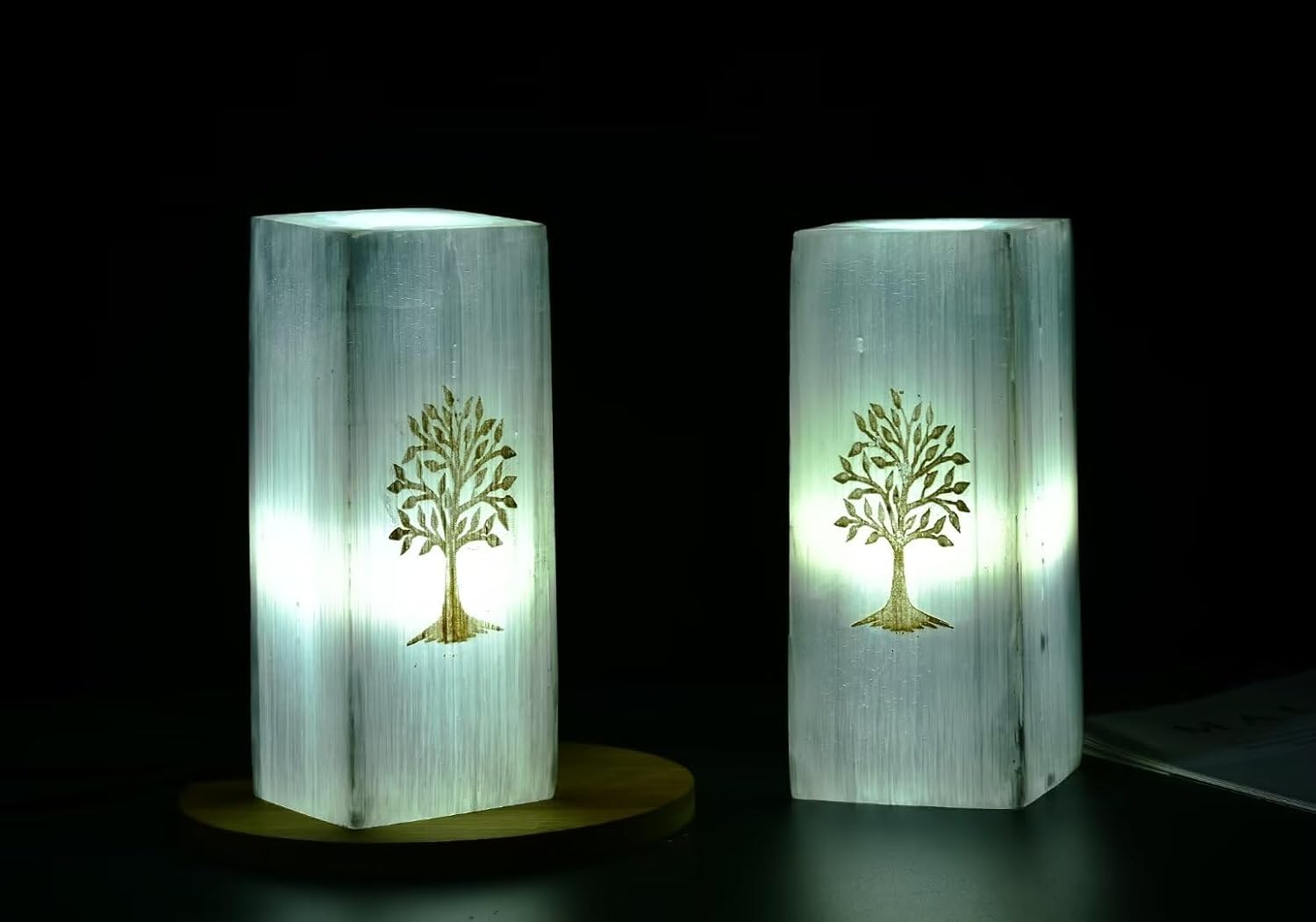 CNYANFEI 8” White Selenite Lamp with Tree of Life Etched Square Satin Spar Crystal Light for Table Decor Gift