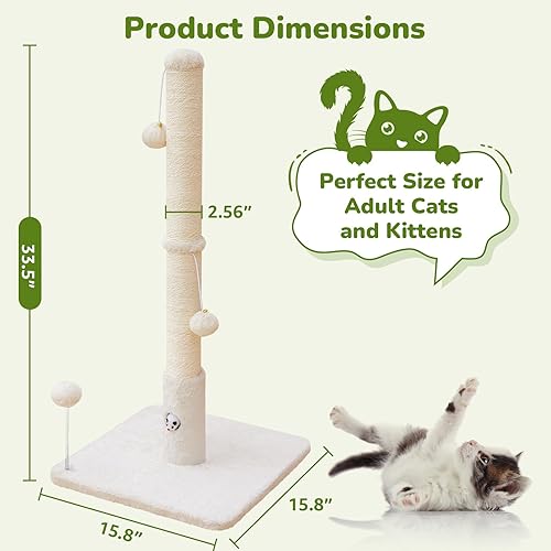 Miniatura 2 de Postes rascadores para gatos de 33 pulgadas para adultos, rascador de gatos con base de cubierta de tela suave y cuerda de sisal duradera, rascador