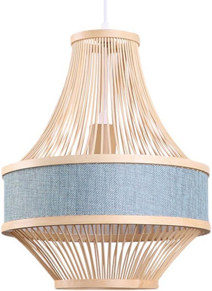 Kitchen Island Pendant Lamp Coastal Blue Linen Chandeliers Shade Farmhouse Bamboo Cage Pendant Light Fixtures Boho Ceiling Hanging Lamp For Living Dining Room, Bedroom, Porch Decor