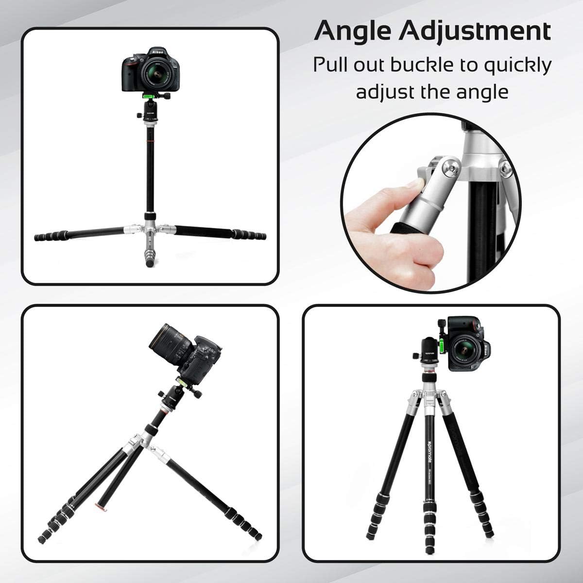 Promate Aluminum Travel Tripod (50cm-160cm) 360° Pan Tilt Function 5kg Load Capacity Integrated Monopod Carrying Case Black