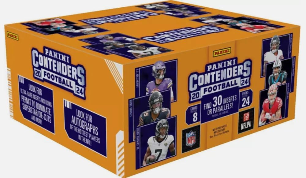 2024 Panini Contenders NFL Football Factory Sealed Retail Display Box 24 Packs of 8 cards. Chase autographs, memorabilia, and rookie cards. Look for 30 Inserts and Parallels (per box, on average) Look for Ultra-Rare Inserts including Permit to Dominate, Superstar Die-Cuts and More.