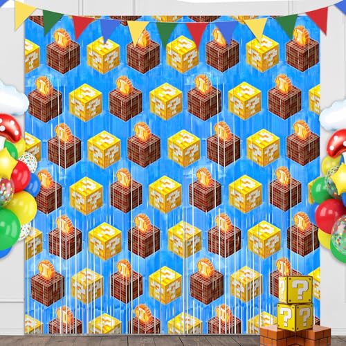 Image of Super Adventure Video Game Party Backdrop, 2 Pcs 3.3 x 6.6 Ft Question Boxes Foil Fringe Curtains Shiny Photo Booth Streamers for Bros Gamer Birthday Party Decorations