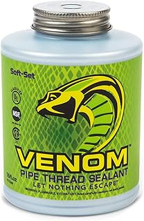 Venom Pro-Grade Pipe Thread Sealant, Soft-Set, High Viscosity, Low Odor, for All Piping Types, 16 fl. oz. Bottle with Brush Cap, Ideal for Gas, Water, Oil, Extreme Temps, 10,000 PSI Liquids